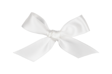 White ribbon bow isolated on white or transparent background. Top view.