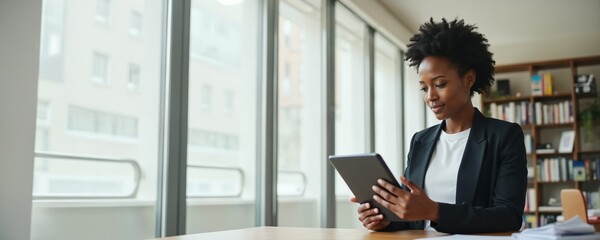 Young Black woman in business suit works on tablet in modern office near large window. Female reviews digital data on device, uses tech for project success.