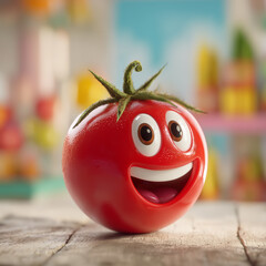3D Cartoon Illustration of a Cheerful Tomato with Large Eyes and Wide Smile on a Wooden Surface with Blurred Background – Healthy Lifestyle and Organic Concept, Copy Space