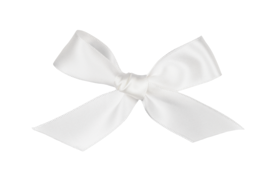 White ribbon bow isolated on white or transparent background. Top view.