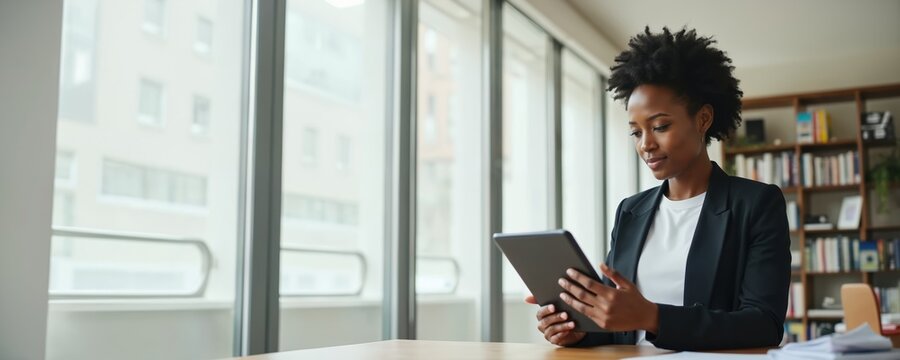 Young Black woman in business suit works on tablet in modern office near large window. Female reviews digital data on device, uses tech for project success.