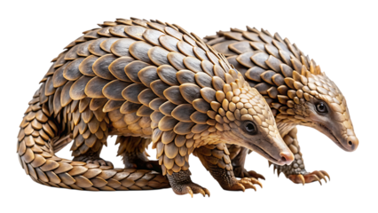 Detailed image of two mammalian pangolins with scaly armor isolated against a simple backdrop