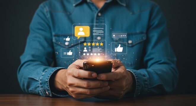 The power of positive feedback. A person rates a service with five stars on their phone, highlighting the importance of customer satisfaction and quality