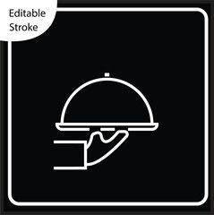 inverted line icon showing a waiter's hand serving a domed dish on a tray. The white line symbol is set against a solid black square background, making it ideal for dark mode UIUX, premium hospitality