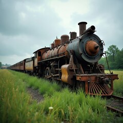 Naklejka premium Old rusty steam train sits on overgrown tracks in field. Locomotive rests on abandoned railway line. Nature reclaims forgotten industrial vehicle.
