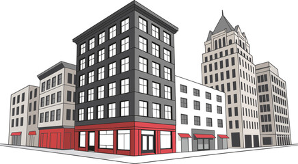 Modern urban city street with tall commercial buildings, skyscrapers, and architecture design in downtown area