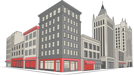 Modern urban city street with tall commercial buildings, skyscrapers, and architecture design in downtown area