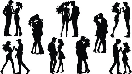 Set of nine black silhouettes of romantic couples in affectionate poses including kissing, embracing, and holding hands