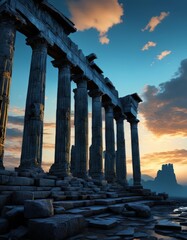 templo griego en ruinas sobre cielo azul