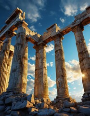 templo griego en ruinas sobre cielo azul