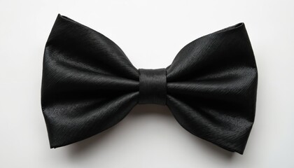Black satin bow tie accessory for formal wear. Classic neckwear knot for celebrations weddings parties and events. Elegant fashion item for men suits.