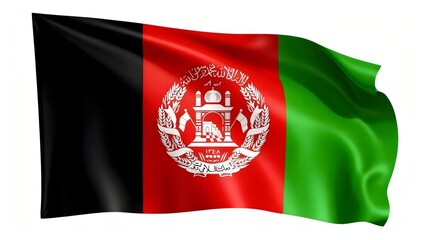 Photorealistic image of the flag of Afghanistan with black, red, and green stripes, and the national coat of arms in the center. Isolated on a white background.