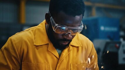 Focused Industrial Worker in Safety Goggles Performs Precision Metalwork as Bright Sparks Fly