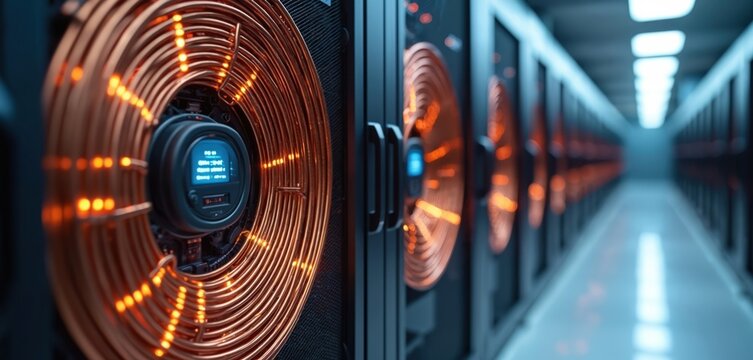 Close-up photo tech servers showcasing complex copper wiring. Inside datacenter hardware with advanced computing tech. Digital transformation and IT infrastructure, network storage solutions. - Powered by Adobe