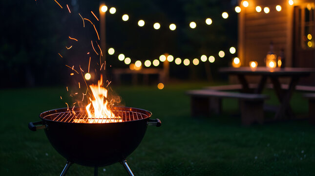 A glowing charcoal grill with vibrant flames and sparks, set in a backyard at dusk - glowing charcoal grill, vibrant flames, summer garden