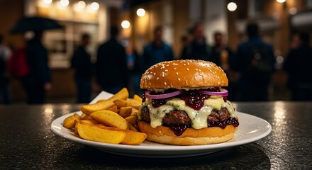 Delicious hamburgers and pulled pork sandwich with fries on a table