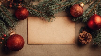 A festive arrangement featuring a blank card surrounded by pine branches, red ornaments, and a pine cone, Ideal for holiday greetings, invitations, or seasonal promotions,