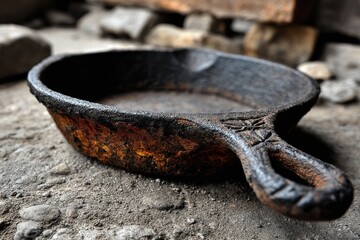 Old rusty cast iron skillet on a rough textured surface