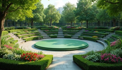 Amphitheater stage within a vibrant botanical garden with tiered seating and lush plants. This serene urban park features colorful flowers and mature trees providing a calm atmosphere for events.