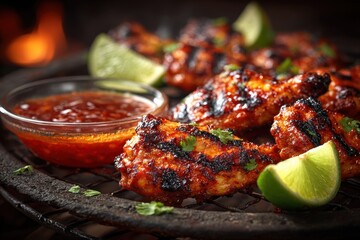 Close up of grilled spicy chicken wings with lime wedges
