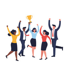 Diverse Business Team Celebrating Victory with Trophy.