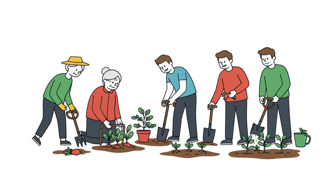 Diverse Group of People Working Together in a Garden.