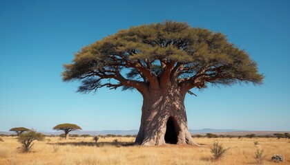 Giant ancient tree stands alone on dry African savanna plain under clear blue sky. Huge trunk big hole, possibly animal shelter inside. Golden grass covers vast wild landscape. Ecosystem thrives