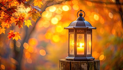 Lantern with lit candle sits on a tree stump surrounded by autumn foliage with warm golden bokeh background lighting and vibrant orange and yellow leaves