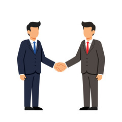 Two businessmen in formal suits shaking hands in agreement.