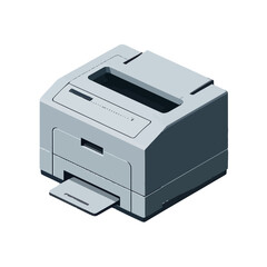 Gray, isometric compact office printer with paper tray extended, isolated on transparent, symbolizing printing and document output