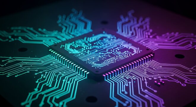 Stunning futuristic circuit board with vibrant neon glows, perfect for tech innovation and modern technology designs with a sleek, professional aesthetic