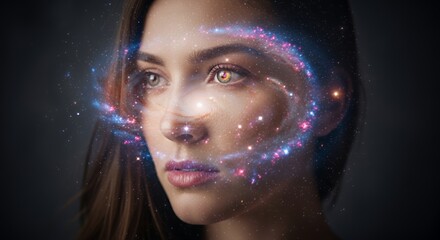 Stunning portrait of a beautiful young woman with galaxy effect overlay, symbolizing dreams, inner space, and limitless potential for spiritual growth