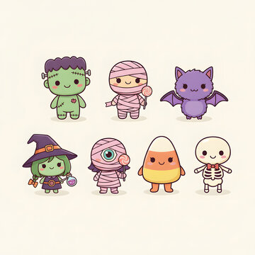 Set of Cute Halloween Monster Characters and Mascots in Kawaii Style