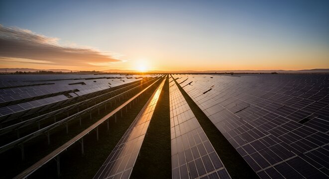 Stunning solar panel farm at sunset promotes renewable energy and sustainability projects, perfect for eco-friendly initiatives and green technology innovation