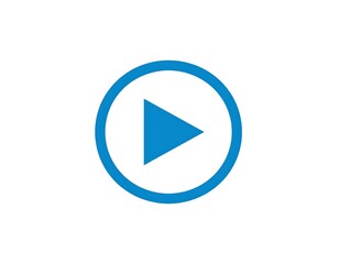 A vibrant, isolated blue play button icon on a stark white background. The circular frame surrounds a solid triangle pointing to the right