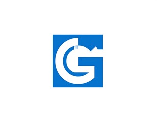 Abstract graphic design features a blue square framing a bold, white stylized letter "G". A visual representation