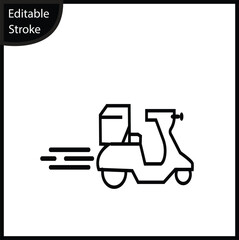 Minimalist line icon depicting a delivery scooter or moped with a package box on the back, shown moving quickly by the motion lines. The vector features an editable stroke for easy adjustment.