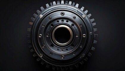 Intricate Metallic Gear Assembly with Central Hub and Serrated Edge on a Dark Matte Surface with Subtle Lighting