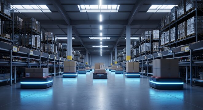 Modern automated warehouse with robotic vehicles transporting packages, efficient logistics and supply chain management solutions
