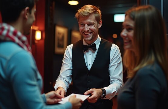 A smiling usher in formal wear checks tickets at a movie theater entrance. He greets guests as they arrive for a film. The indoor scene has a welcoming atmosphere for friends.