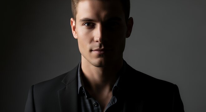 Confident businessman portrait with dramatic lighting, embodying success and professionalism, perfect for corporate branding and marketing.