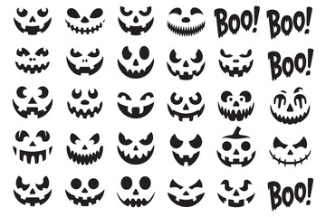 Collection of spooky halloween pumpkin faces and boo text graphics for holiday design