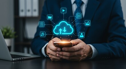 Businessman using a smartphone to access cloud computing services. Concept of digital data storage, transfer, and online document management technology