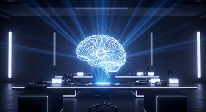 Futuristic holographic brain illuminating a modern office setting, symbolizing innovation, intelligence, and cutting-edge technology for creative concepts