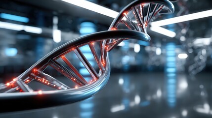 Glowing DNA Strand in Futuristic Laboratory Environment