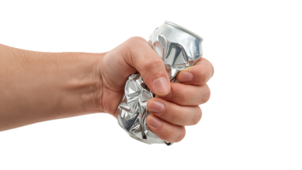 A powerful hand crushing and squeezing a silver aluminum beverage can for recycling. Isolated on transparent background, png
