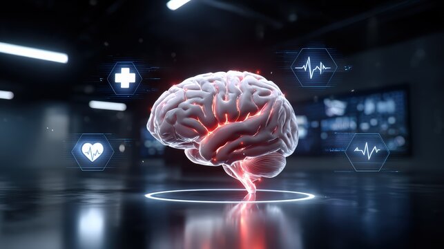 Digital Brain with Medical Interface and Health Icons