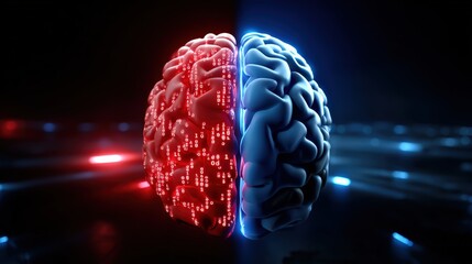 Half Digital Half Biological Brain Concept in Blue and Red Light