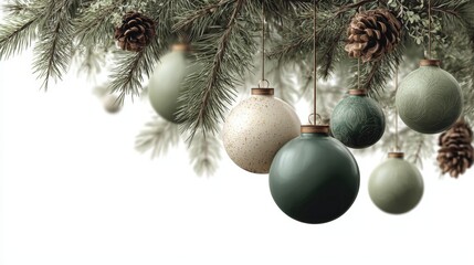 A collection of beautifully decorated Christmas ornaments hanging from pine branches, creating a warm, festive atmosphere, Ideal for holiday cards, invitations, or seasonal marketing materials,