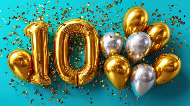 Golden Balloons Shaped as 10 With Silver Balloons and Confetti